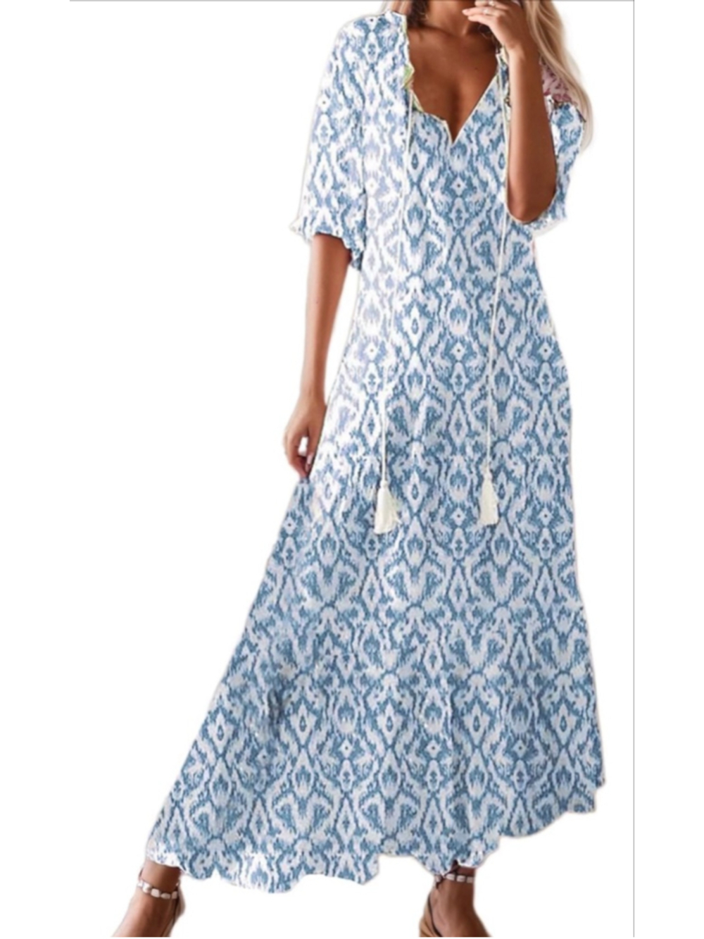 NEW Floral Loose Lightweight Beach 3/4 Ruffle Sleeve Maxi Dress V Neck A Line M